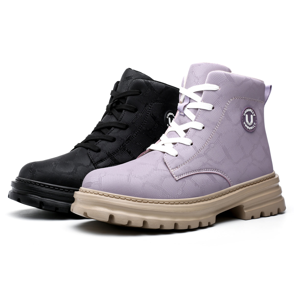 Black and light purple TFW 596 women's lace-up steel toe work boots, color options