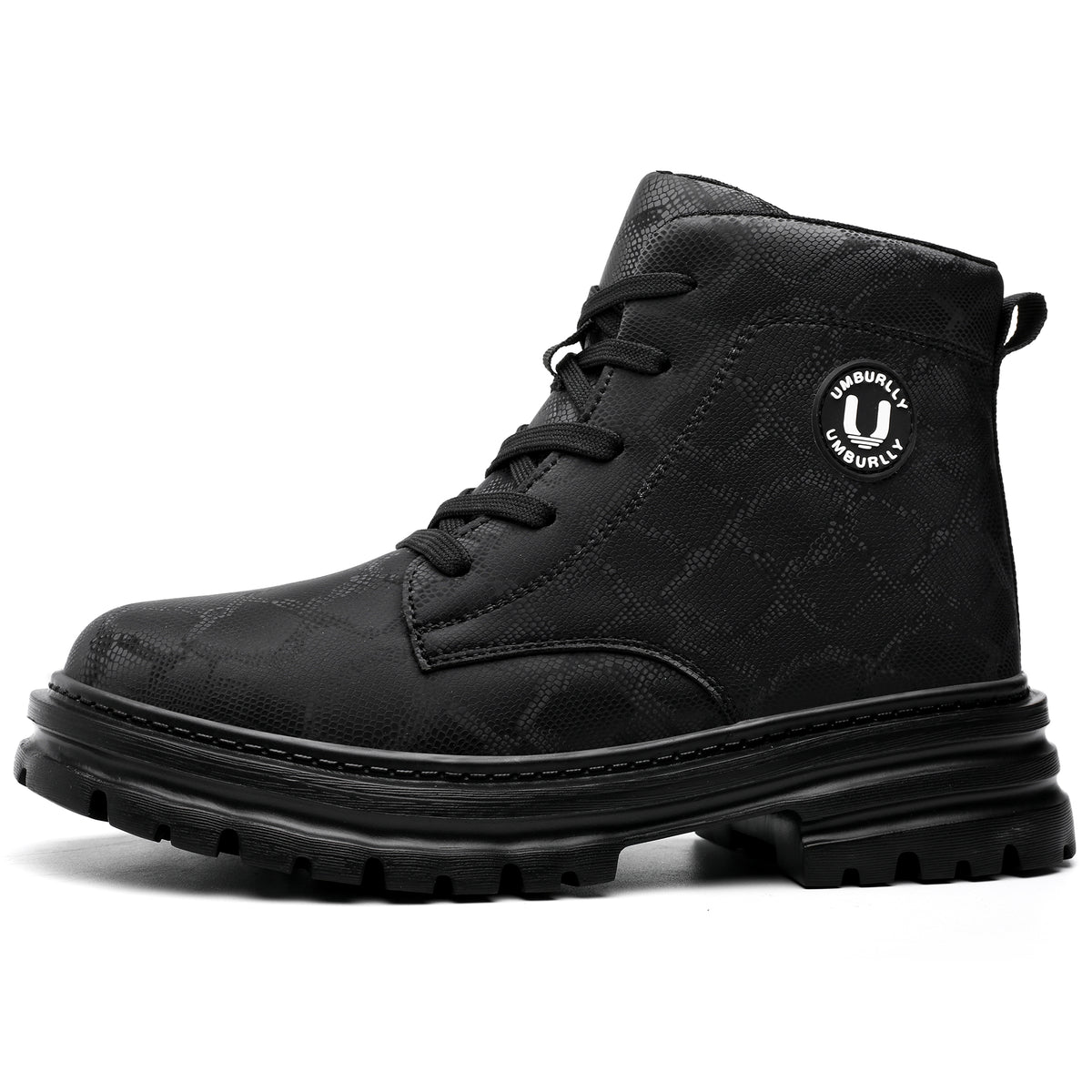 Black TFW 596 women's lace-up steel toe work boot, side profile on white background