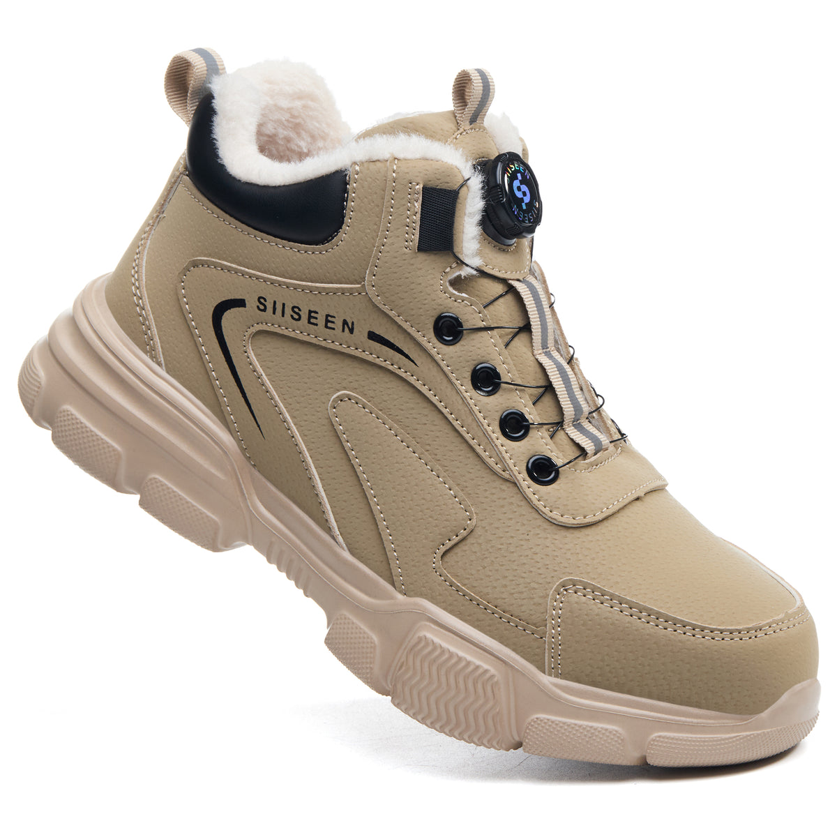 Beige 8012 fleece-lined work boot with dial closure and visible white lining