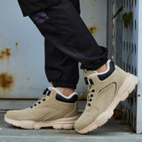 Beige 8012 fleece-lined steel toe work boots worn outdoors