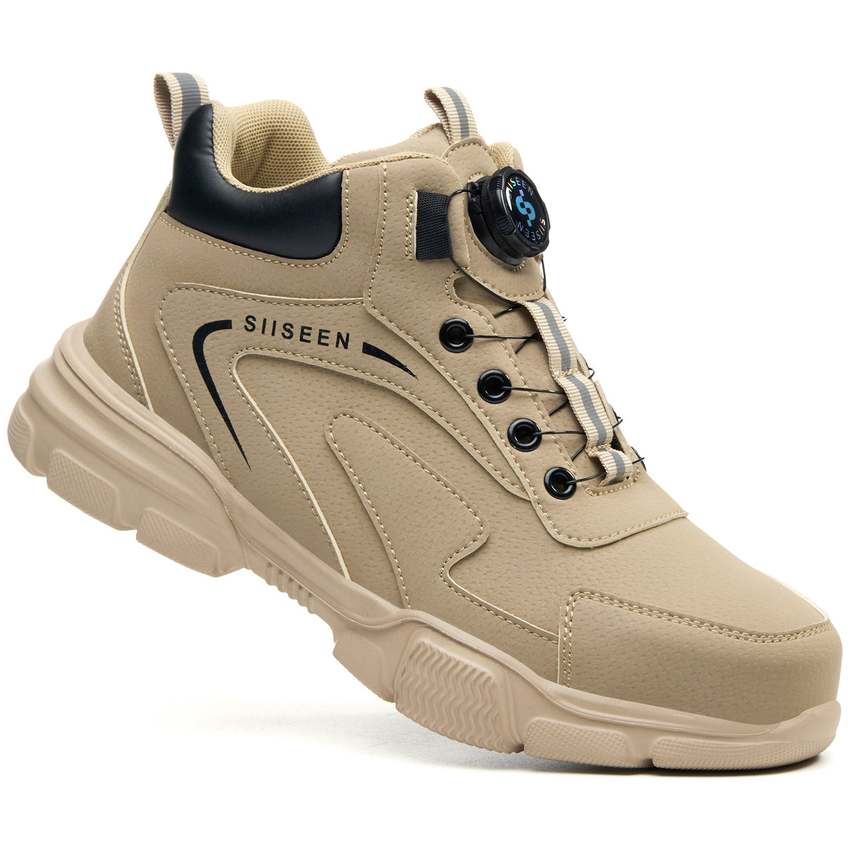 Beige 8012 regular work boot, angled view of dial closure and padded collar