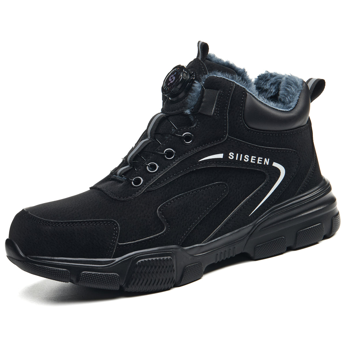 Black 8012 fleece-lined steel toe work boot with dial closure and visible warm lining