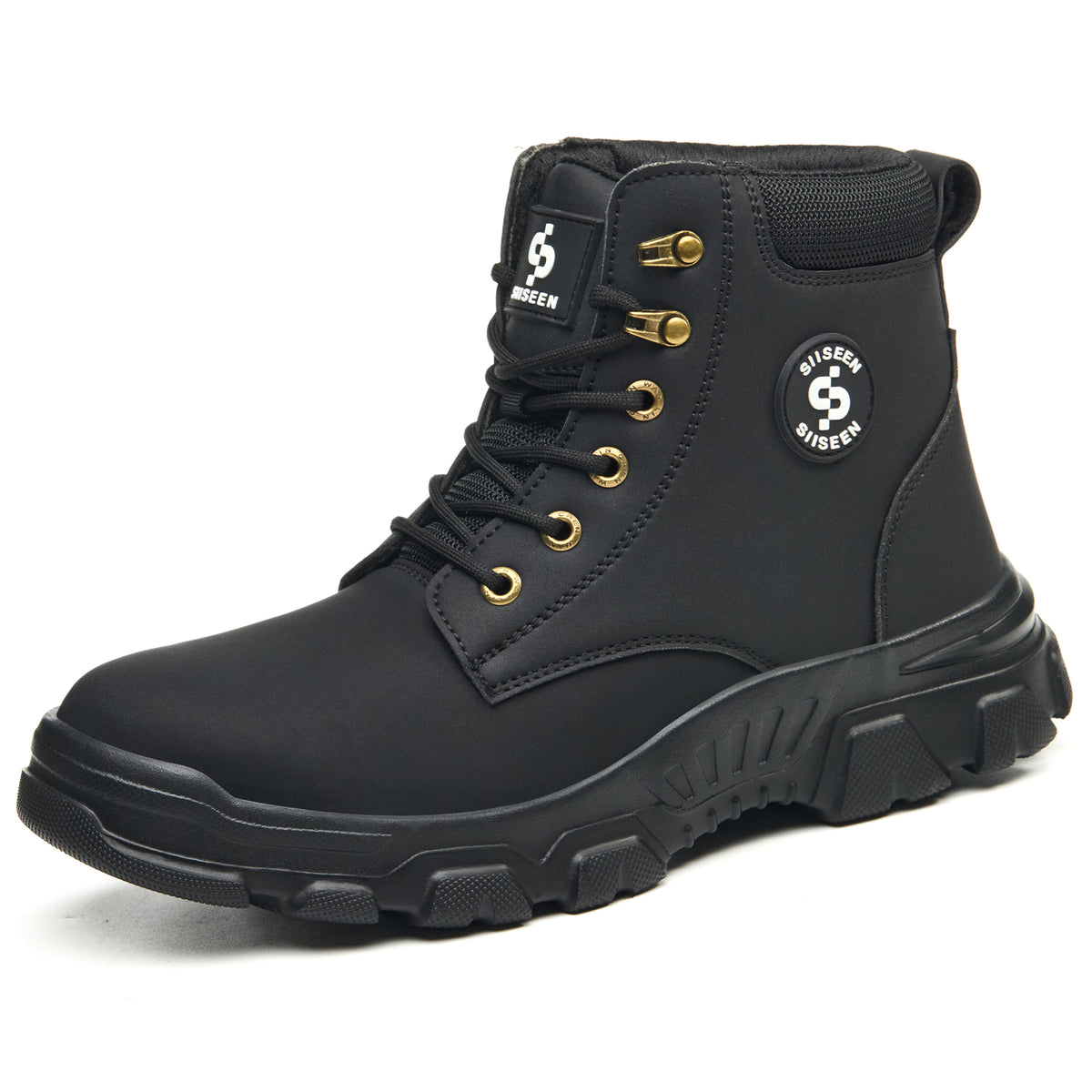 Black 2513 water-resistant steel toe work boot with laces, side view on white