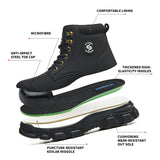Black work boot construction with steel toe and puncture-resistant midsole