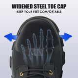 Black work boot with widened steel toe cap for a roomier fit