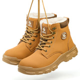 Pair of wheat 2513 fleece-lined steel toe work boots on a white background