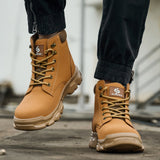 Wheat 2513 steel toe work boots worn outdoors, front view