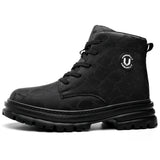 Black TFW 596 women's lace-up steel toe work boot, side profile on white background